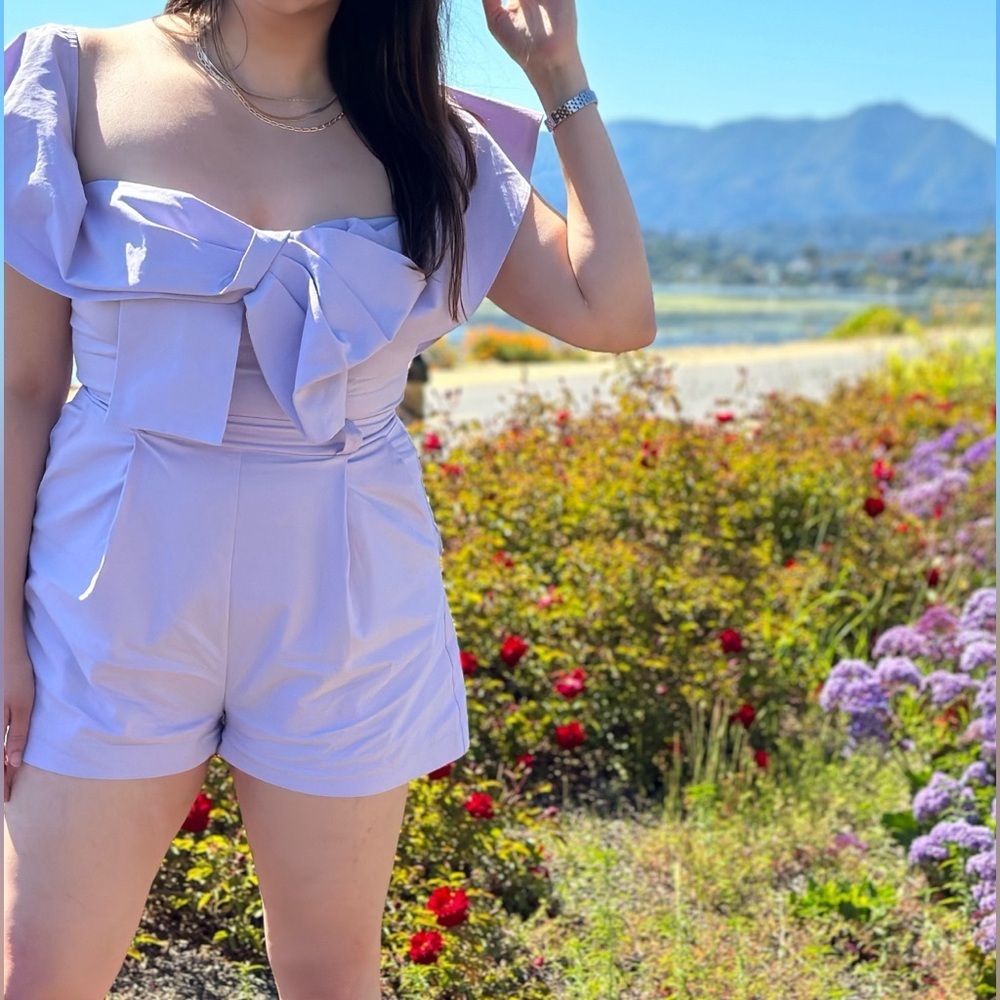 Lavender Pastel Purple Romper with Bow Off Shoulder Romper Wide Neck